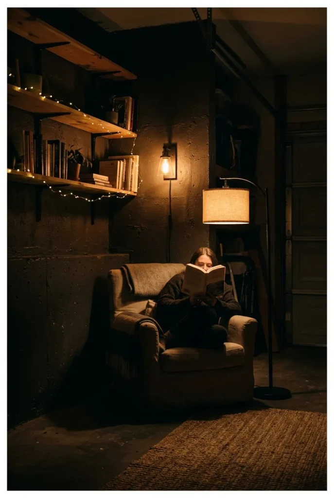 Warm layered lighting beside a chair in a nighttime garage reading nook.