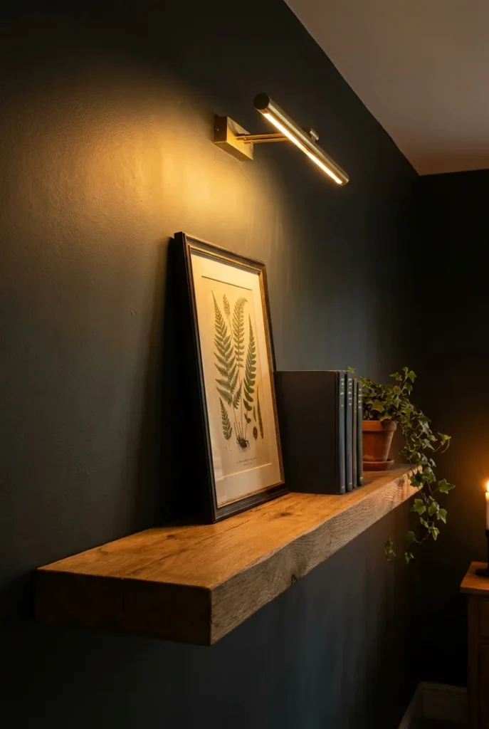 Warm picture light glowing over an oak gallery shelf with books and a framed print.