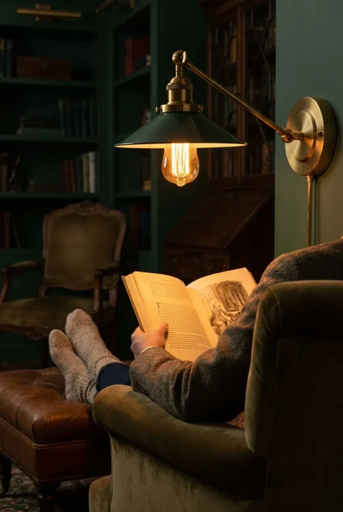 Warm plug-in sconce lighting a book with feet resting on an ottoman at night.