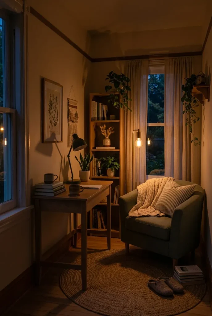 Warm reading lamp lit beside armchair while cool desk lamp stays off in bedroom corner.