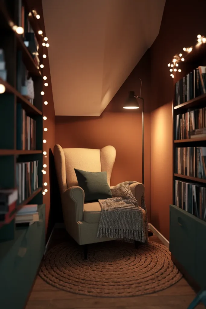 Warm reading nook corner with a floor lamp, sconce, and fairy lights glowing.