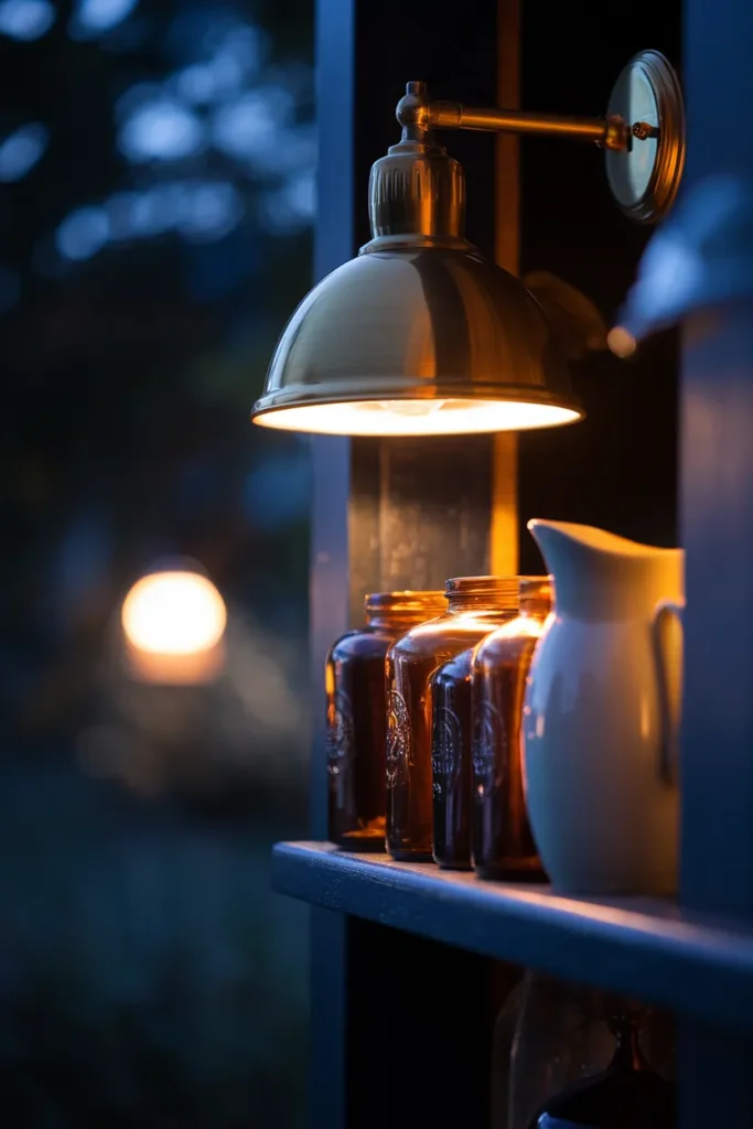 Warm sconce light pooling over amber jars on a dark kitchen shelf at night.