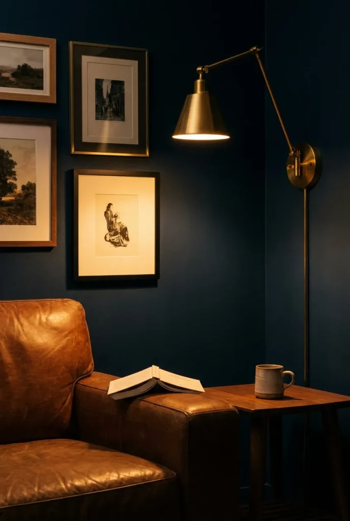 Warm swing-arm sconce lighting a gallery wall in a nighttime reading nook.