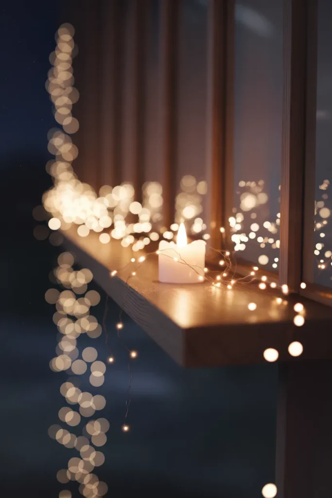 Warm white fairy lights and a candle glowing softly on a dark shelf at night.