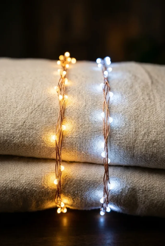 Warm white versus cool white fairy lights compared on a linen throw for a reading nook.