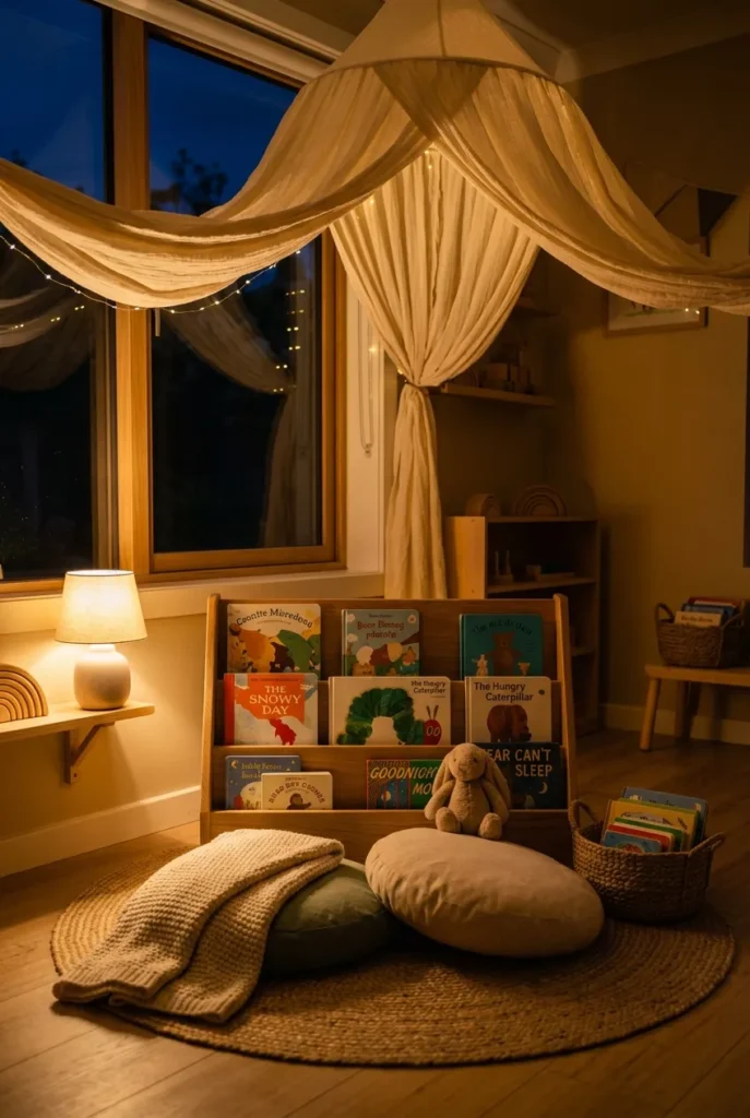 Warmly lit daycare reading corner with a fabric canopy, knit throw, and soft plush.