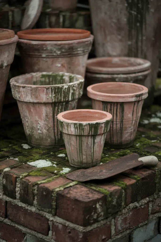 Weathered terracotta pots with moss and mineral bloom on reclaimed brick.