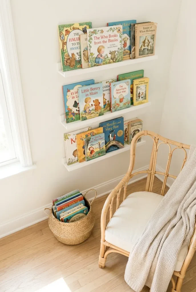 White IKEA-style picture ledges displaying cover-out books beside a rattan chair.