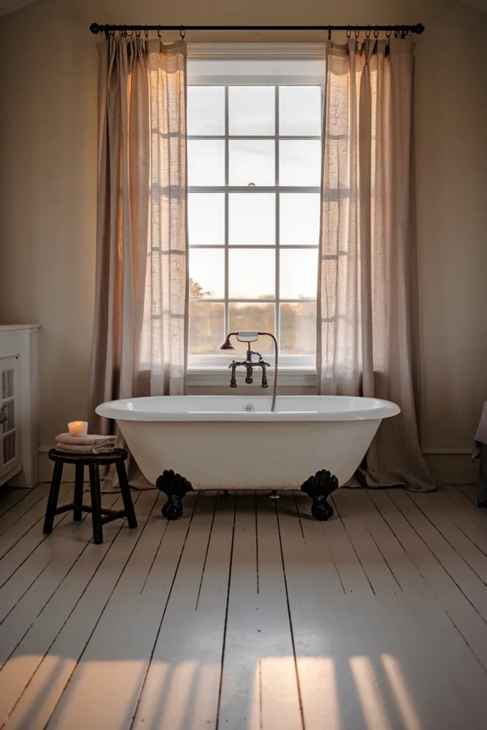 White clawfoot tub with black feet in front of a window with linen cafe curtains at sunset