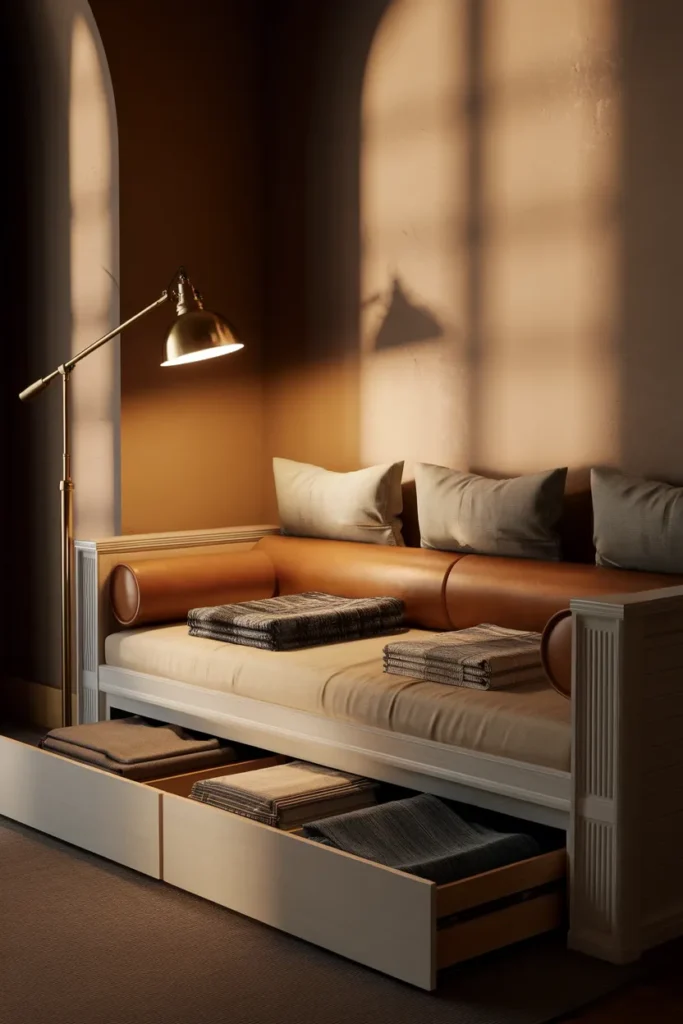 White daybed with open storage drawer, leather bolster and brass swing-arm lamp lit at night.