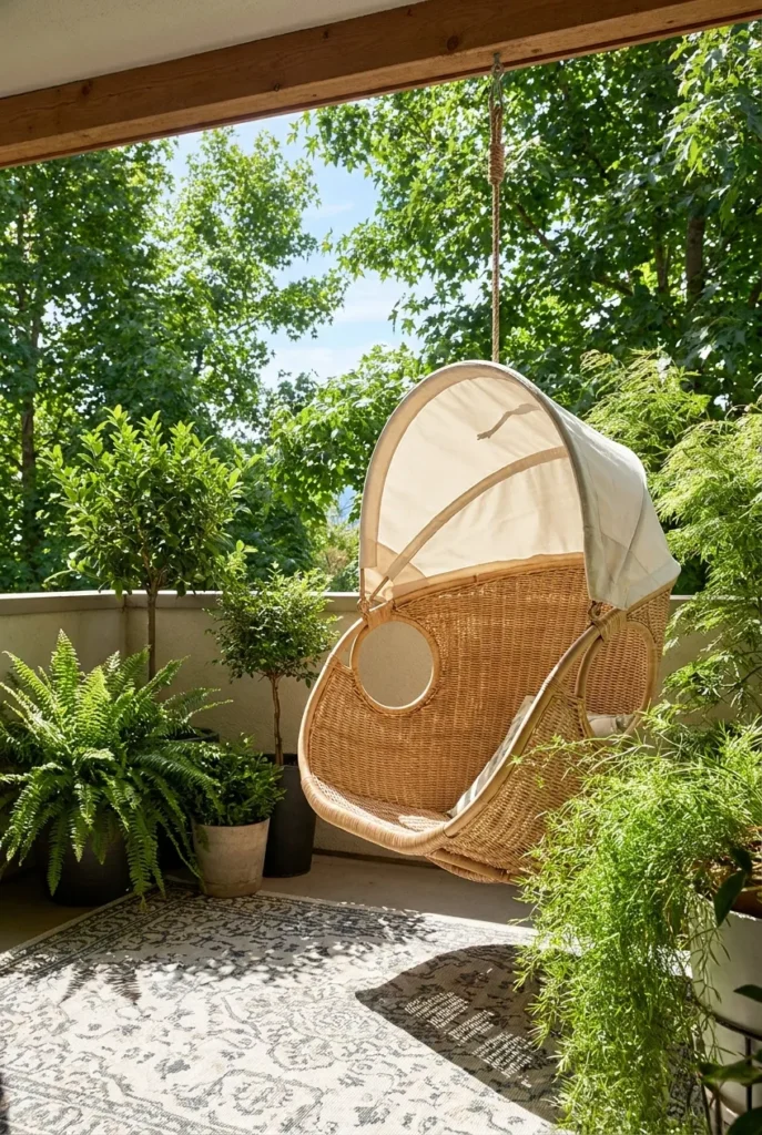 Wicker hanging chair with canopy on a green balcony patio reading nook.