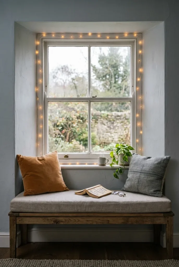 Window frame outlined with copper-wire fairy lights above a cushioned reading bench.