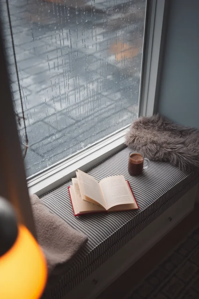 Window seat with ticking stripe cushion, cocoa, and rain on the glass, a cottage style hideaway