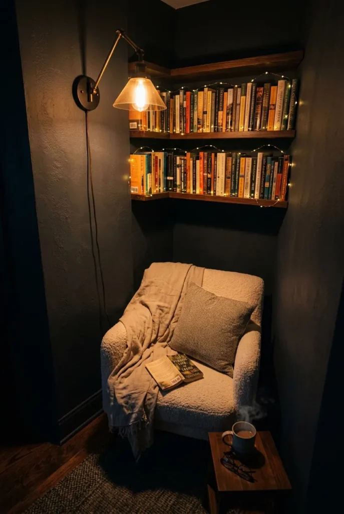 Windowless corner reading nook lit by a warm brass swing-arm sconce and fairy lights.