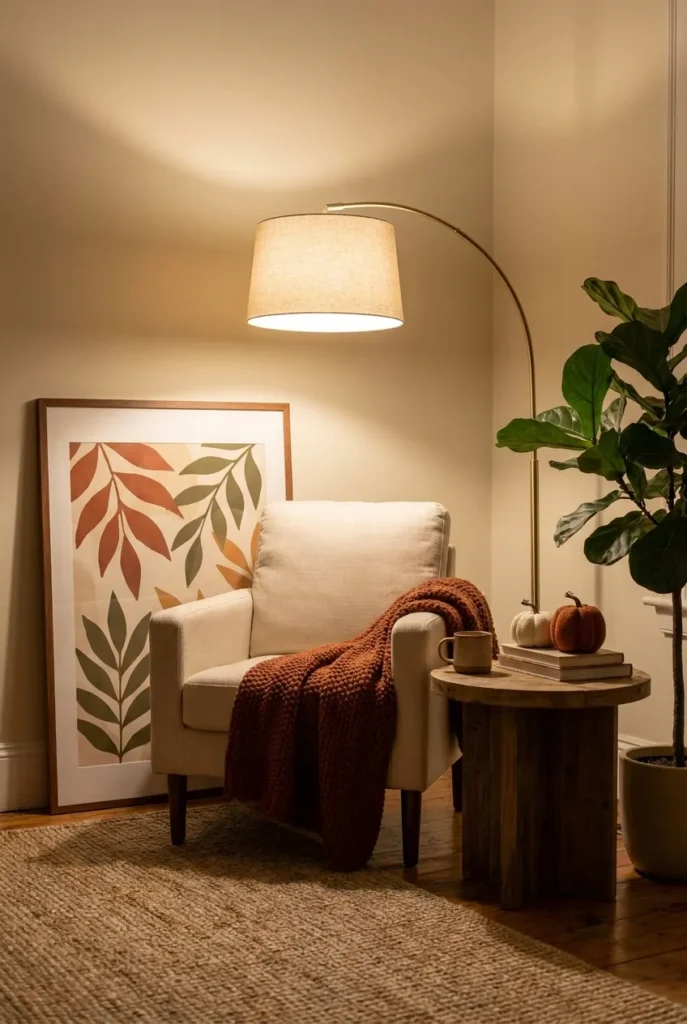 Windowless corner turned into a fall reading nook with art print and warm lamp.