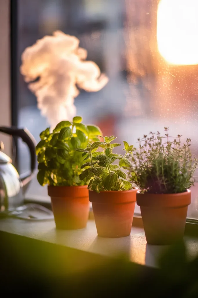 Windowsill herb pots glowing in golden hour light in a small cottagecore kitchen.
