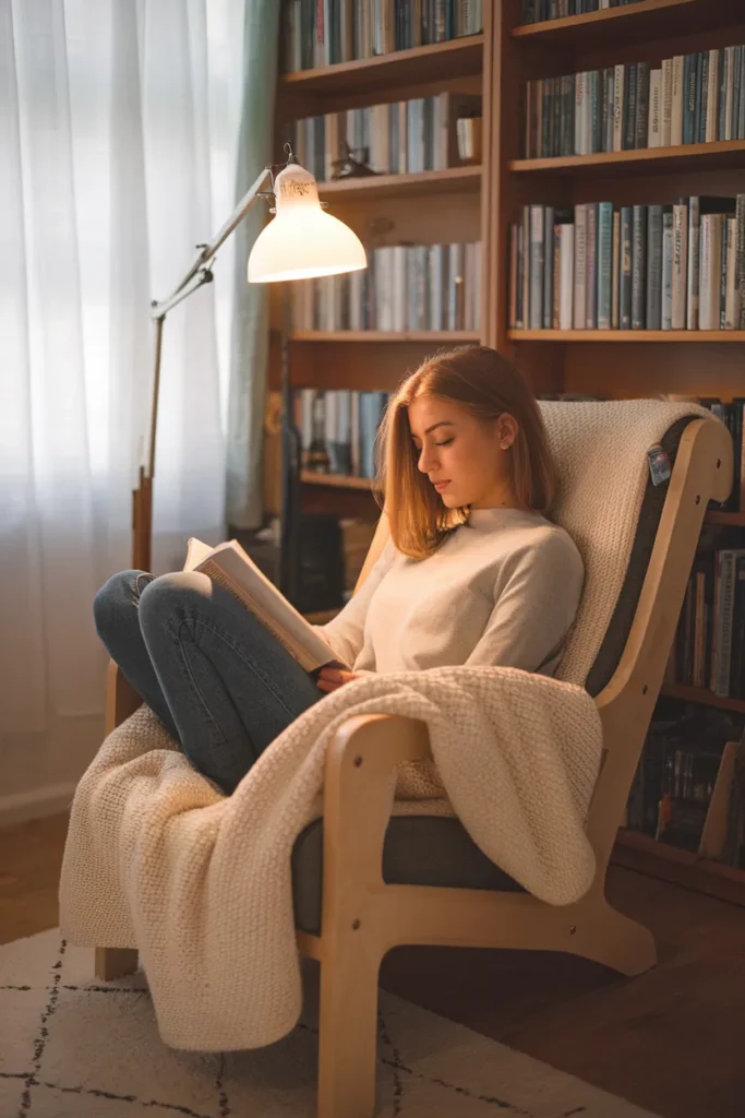 Woman curled up reading in a hygge reading nook with a birch chair, cream throw, and warm lamp.