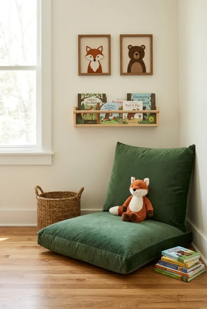 Woodland-themed baby boy nursery reading nook with green cushion and felt animal prints.