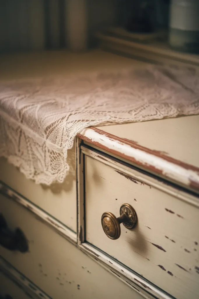 Worn brass pull and chipped paint detail on an antique cottagecore bedroom dresser