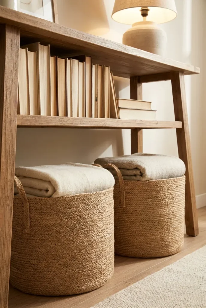 Woven baskets and upright books storing throws under a slim reading nook console.
