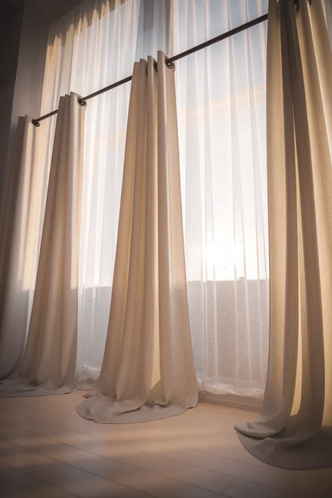 Cream linen curtains hung high and wide over a rental apartment window with morning light coming through