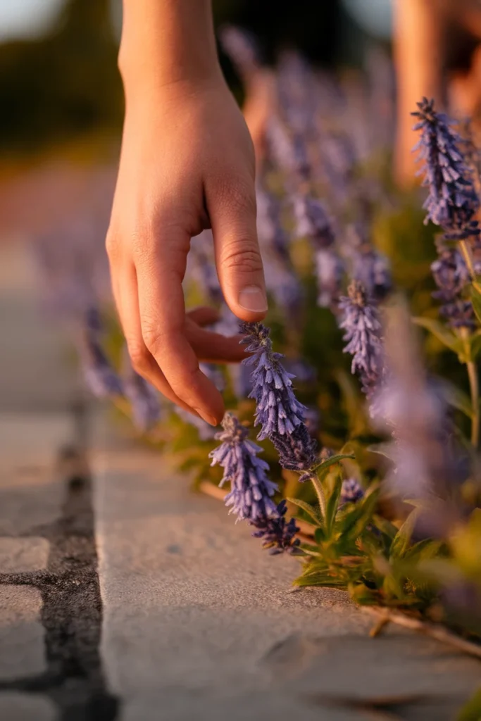 A hand brushing through blue catmint flowers at the edge of a stone garden path in afternoon light.
