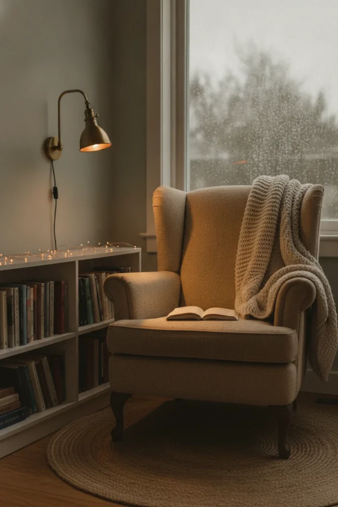 A reading corner with fairy lights on a bookcase and a brass sconce lighting an open book on a rainy day.