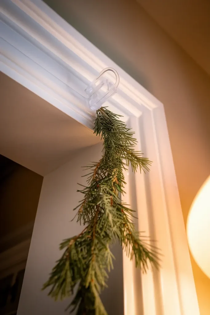 Adhesive hook on a door casing holding cedar garland for no-drill holiday decorating.