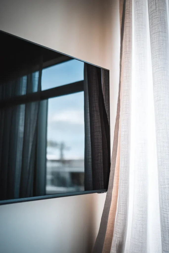 Afternoon glare and window reflection on a TV screen with a sheer curtain panel nearby.