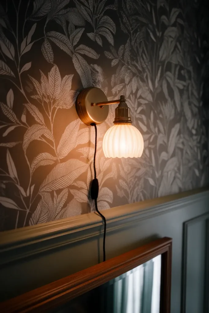 Aged brass plug-in sconce with warm bulb glowing against cottage botanical wallpaper.
