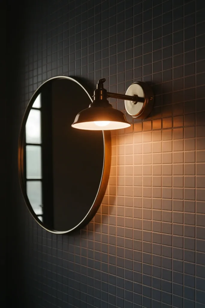 Aged brass wall sconce glowing warm at 2700K beside a round bathroom mirror at night.