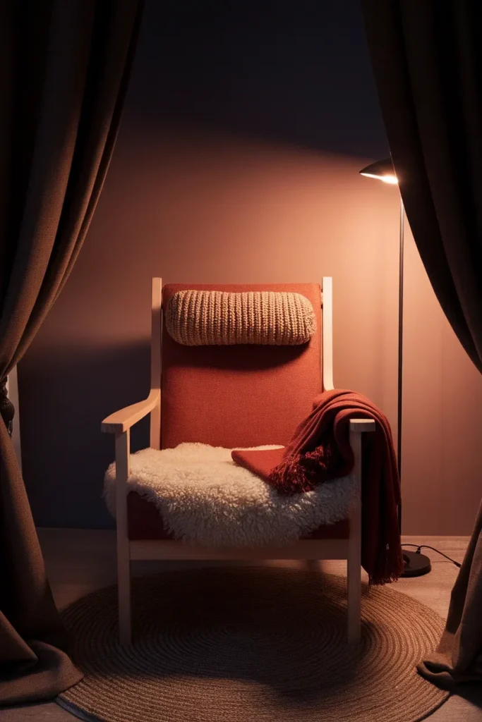 Armchair layered with jute rug, sheepskin, wool throw, and lumbar pillow at night.