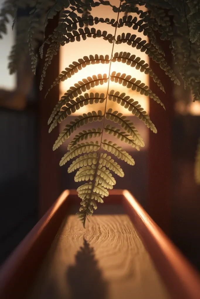 Backlit Boston fern frond glowing in golden hour light on a bathroom shelf.