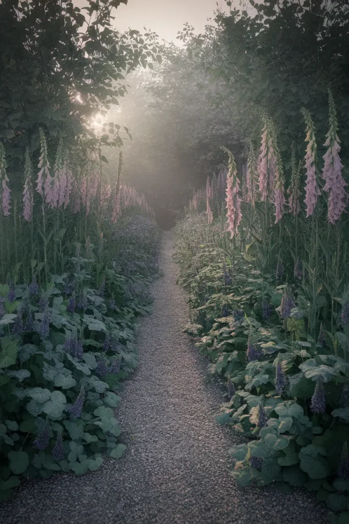 Backlit gravel garden path with catmint and lady's mantle spilling over both edges.