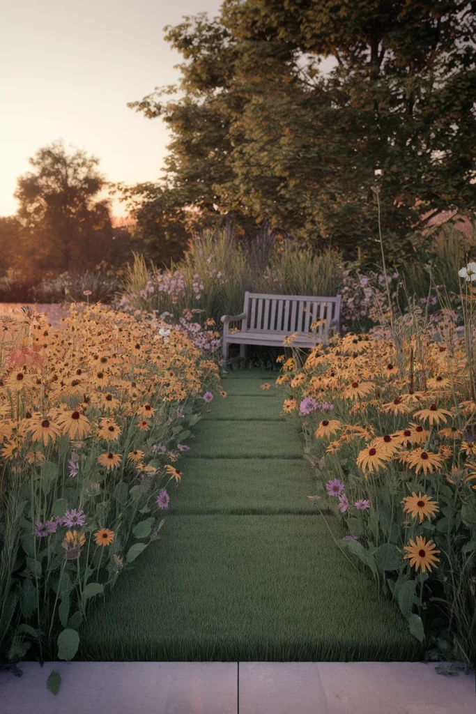 Backyard wildflower garden ideas with a mown grass border framing tall gold and purple blooms at sunset.