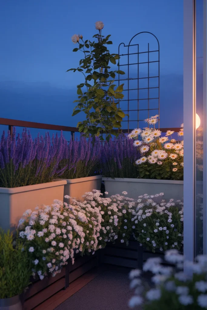 Balcony cottage garden layered in three heights at dusk with alyssum, salvia and a climbing rose.