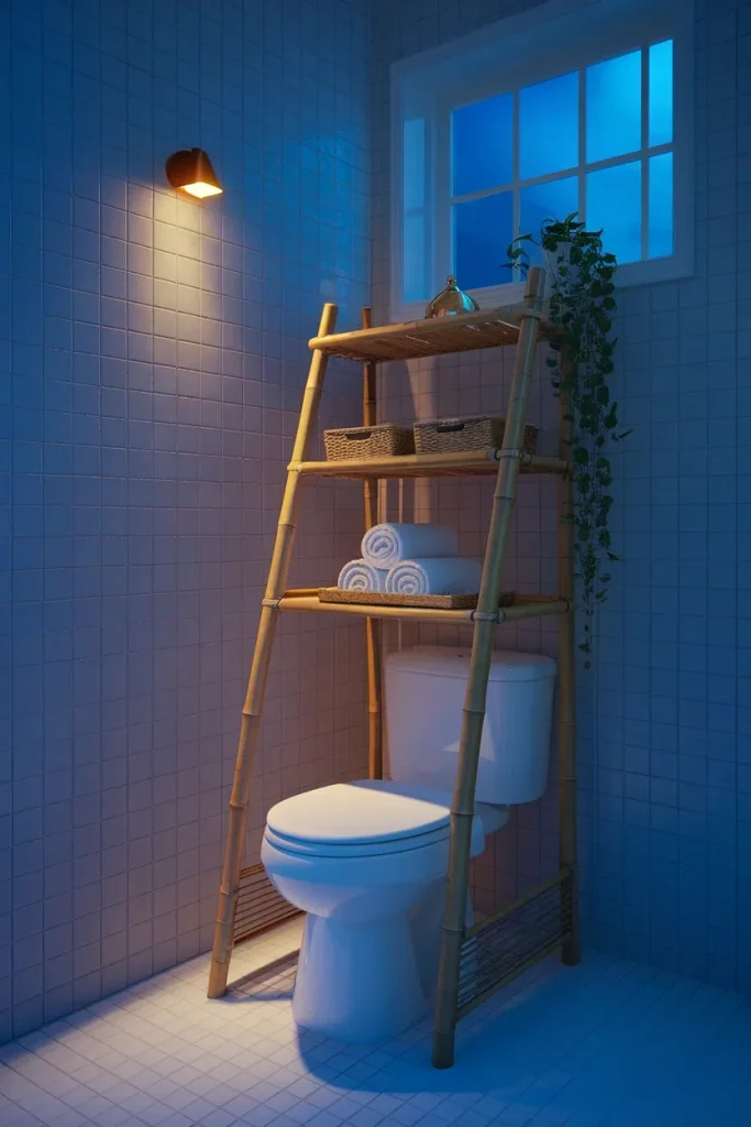 Bamboo etagere over a toilet, a no-drill over the toilet storage idea for renters.