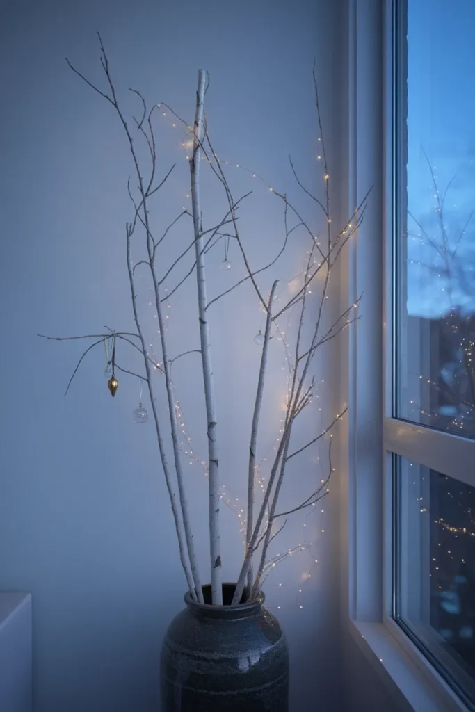 Bare birch branch tree in a black vase with fairy lights against a blank apartment wall at dusk.