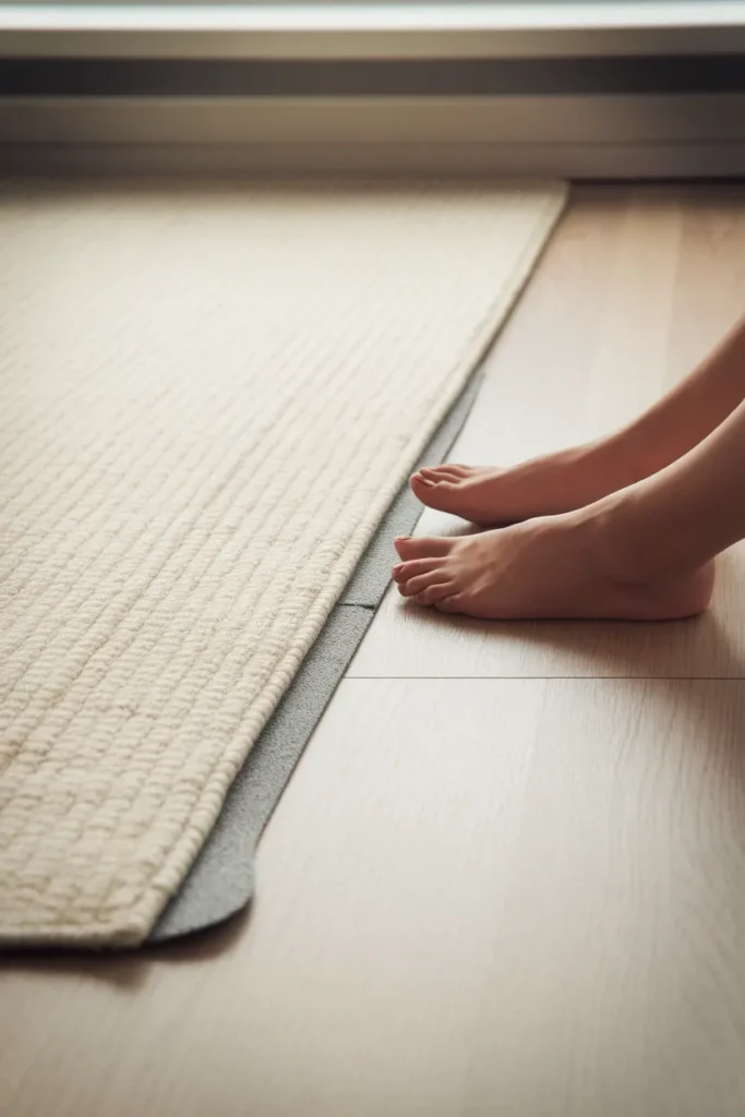 Bare feet at the edge of a washable cream rug over laminate flooring in a rental apartment.