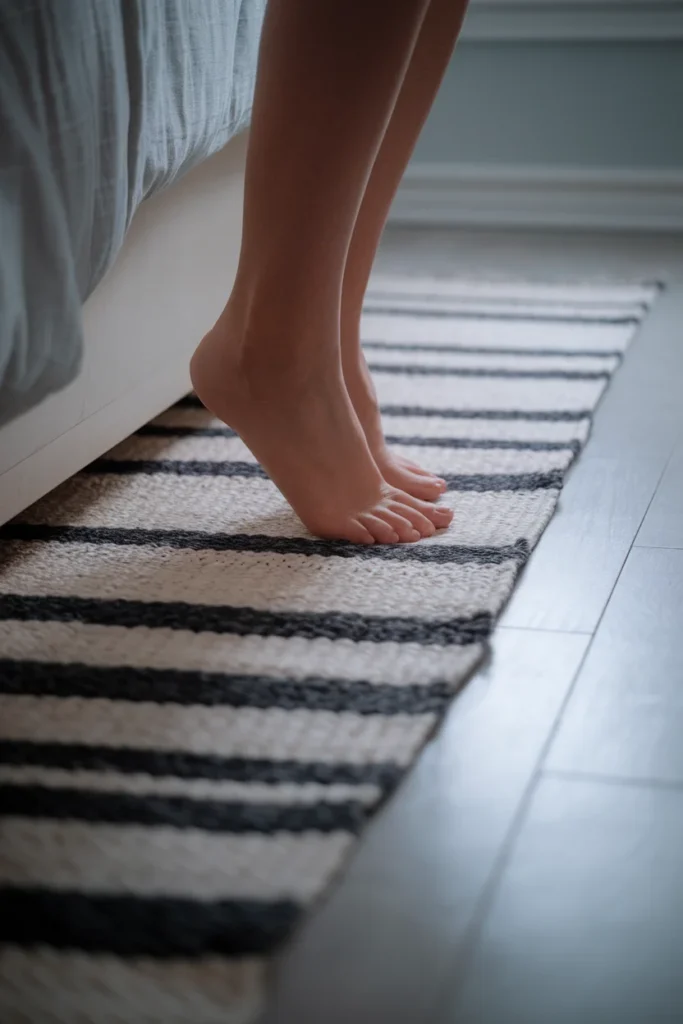 Bare feet stepping from a bed onto a natural flatweave cotton rug on a cold morning.