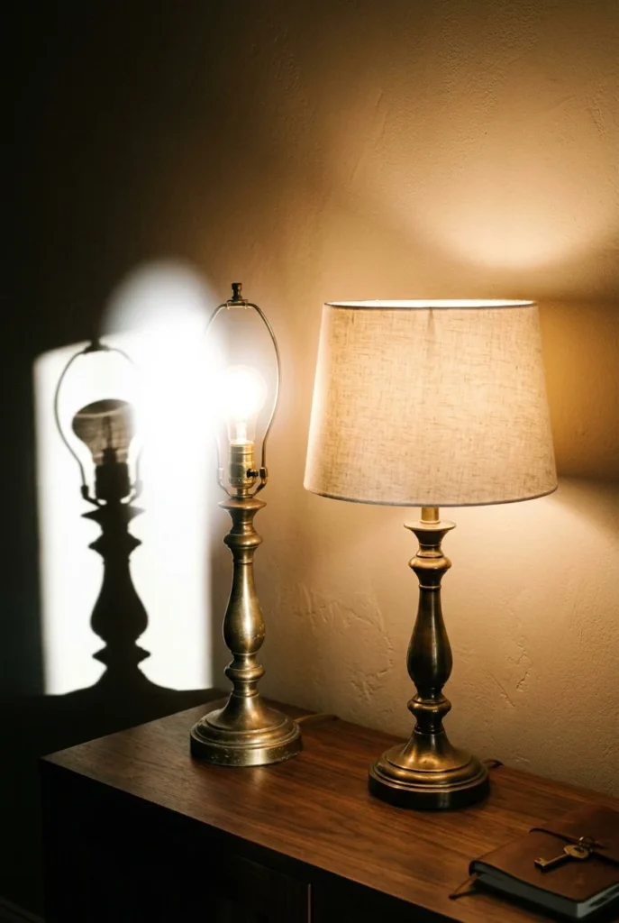 Bare glaring bulb next to a shaded lamp showing the difference in living room lighting.