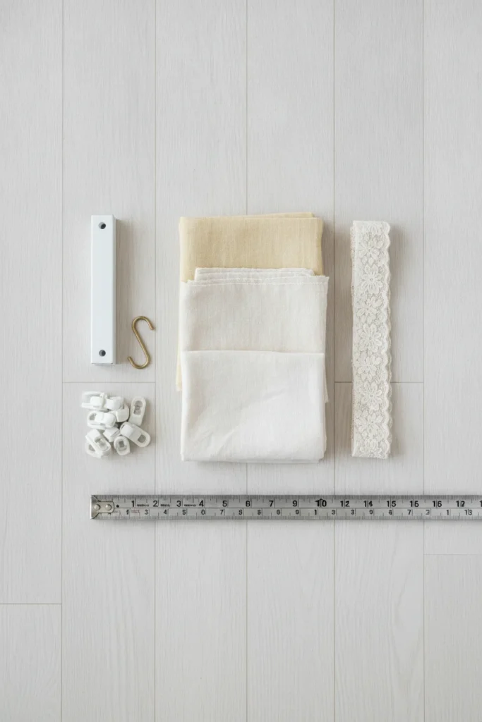 Bed canopy materials flat lay with linen, lace and muslin swatches beside a ceiling rail.