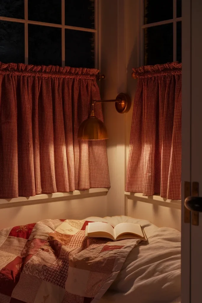Bedroom corner at night with brass sconce, patchwork quilt and gingham cafe curtains.