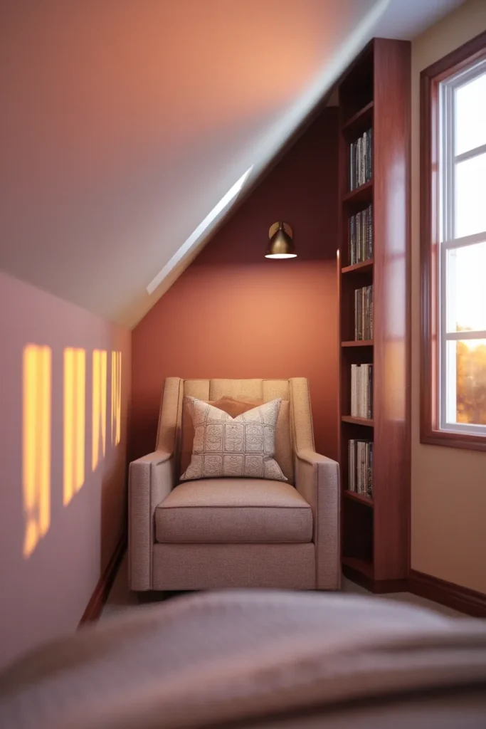 Bedroom corner nook with armchair, narrow bookcase and plug-in sconce lit by low golden hour sun.