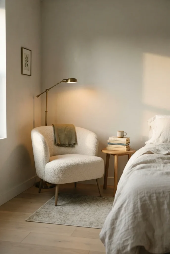 Bedroom reading corner with a cream chair, brass floor lamp and small rug in golden afternoon light.