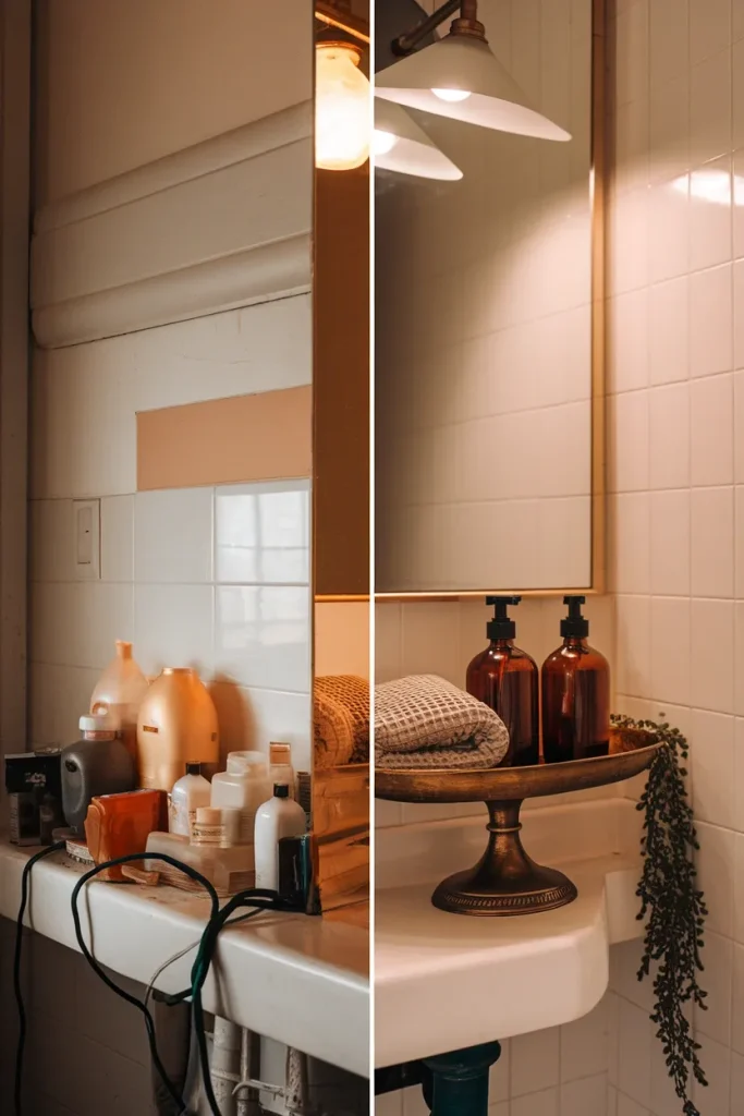 Before and after bathroom counter styled with a brass tray and amber bottles.
