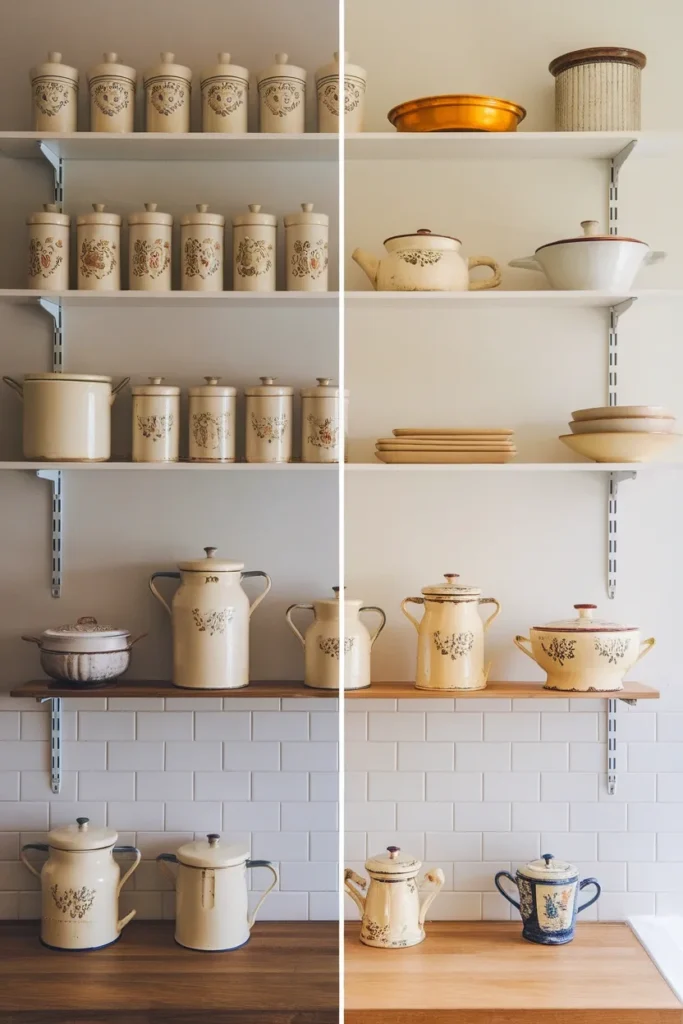 Before and after comparison of a cluttered kitchen shelf edited down to five vintage pieces.