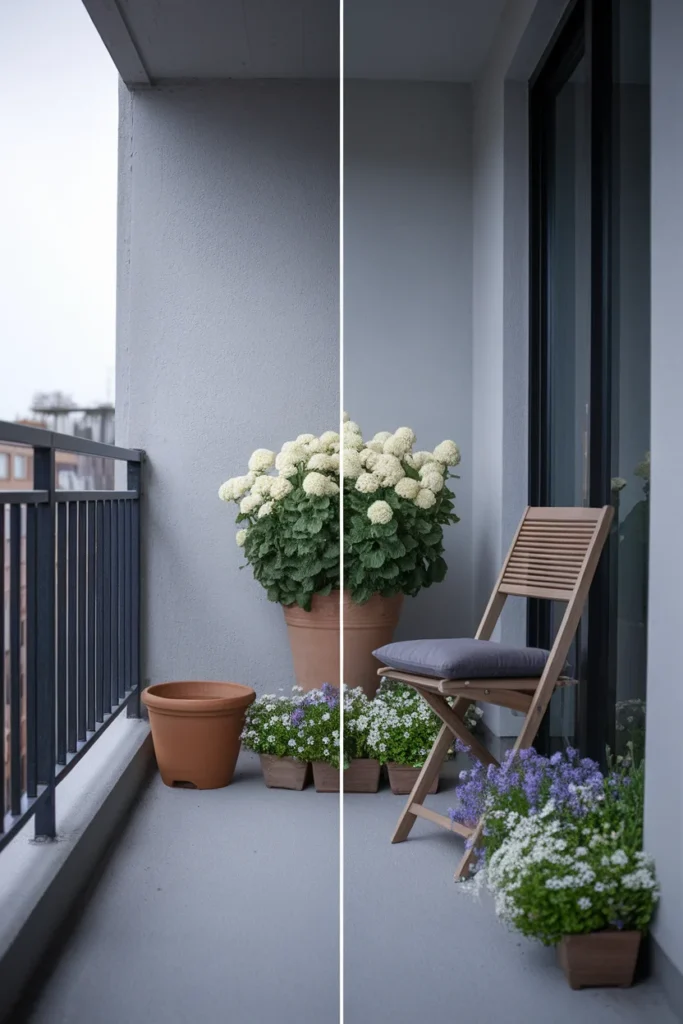Before and after of a bare apartment balcony corner turned into a container cottage garden in pots.