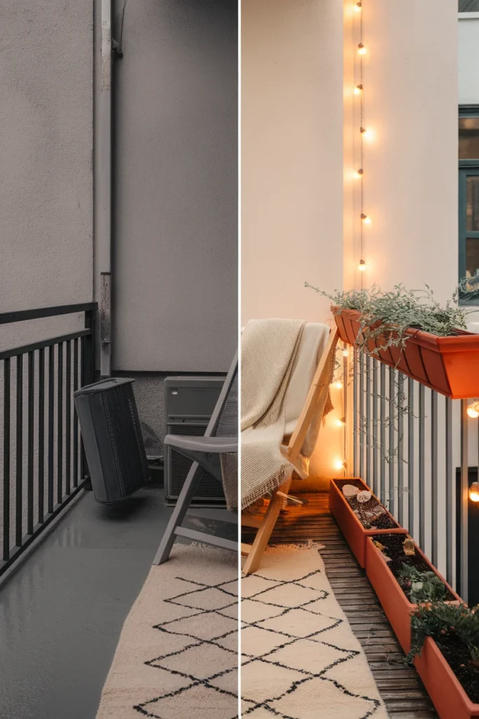 Before and after of a bare concrete balcony transformed into a cottagecore corner with plants and lights.