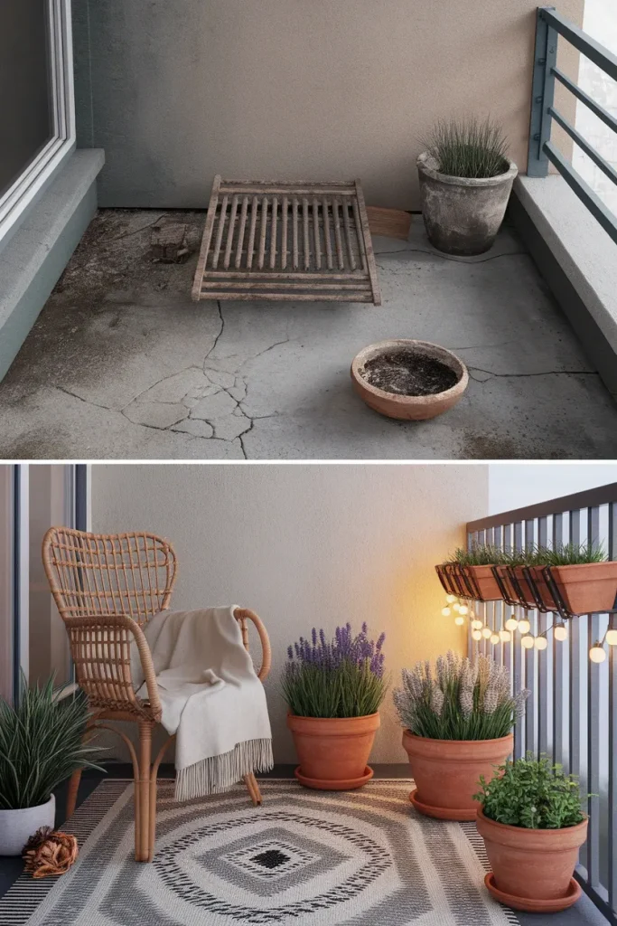 Before and after of a bare concrete balcony transformed into a planted reading corner.
